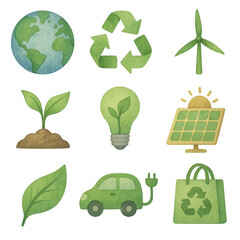 Watercolor illustrations of eco symbols like recycling, green energy, and electric vehicles—perfect for environmental, green living, or climate designs PNG