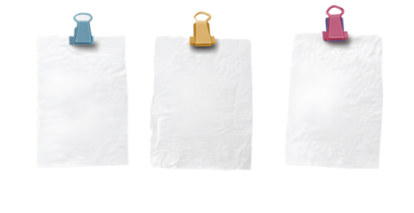  4 white sticky notes with different textures and sizes, each stuck on paper with colorful clips, isolated on a transparent background.png