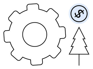 Large gear, pine tree, and dollar sign inside a circle highlight connections between engineering, environment, and economic systems. Ideal for sustainability, ecology, innovation, environmental