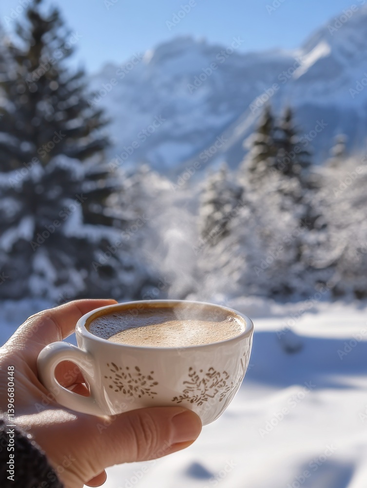 Poster hand holds steaming coffee cup with snow-covered mountains and trees in the background on a bright, 