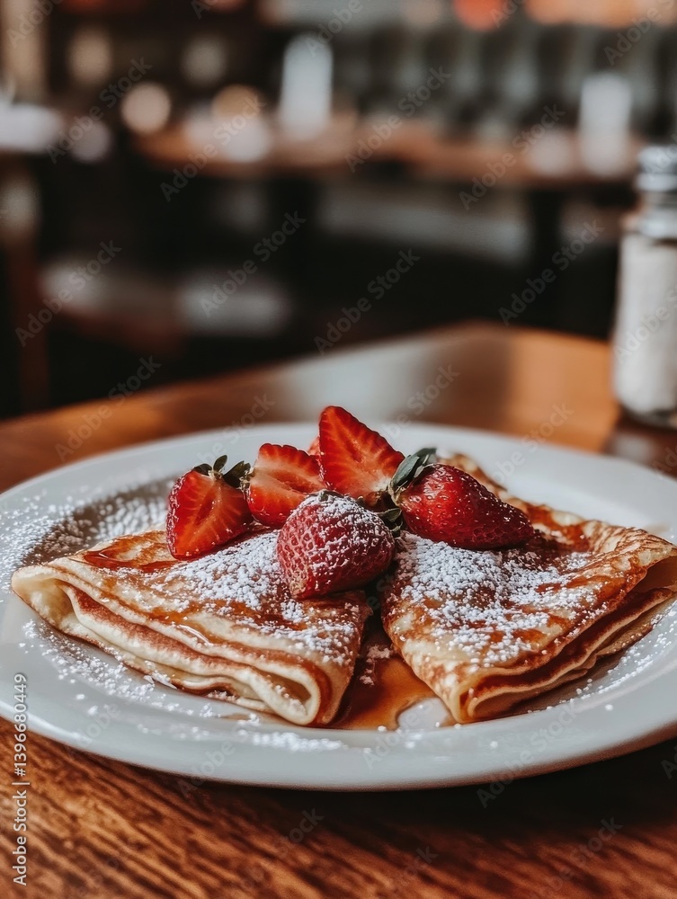 Poster close-up of a plate of freshly made crepes garnished with juicy strawberries and dusted with powdere