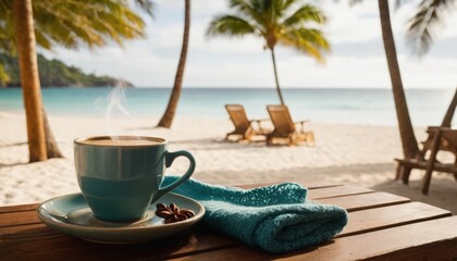 View from a tent with a cup of coffee on a tropical azure beach while camping, POV