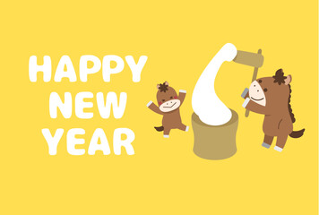 2026 New Year's card horizontal writing, rice cake pounding with horse parents and children
