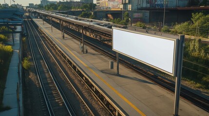 Naklejka premium Empty elevated train platform with a large blank billboard, stretching into the urban landscape. Long shadows cast across the tracks