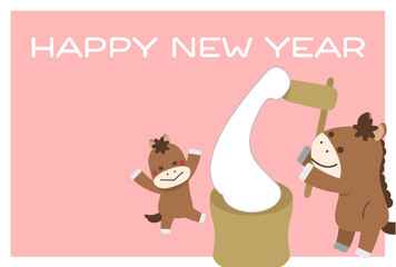 2026 New Year's card horizontal writing, rice cake pounding with horse parents and children
