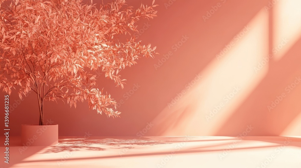 Poster Minimalist Interior Design in Salmon Hue with Decorative Tree and Sunlight Shadows Creating Elegant Gradient Composition
