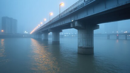 Naklejka premium Foggy City Bridge at Twilight