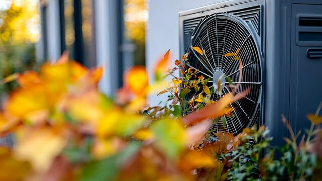 Modern heat pump system on home exterior with fall foliage in foreground near the wall, energy efficiency for climate control in autumn