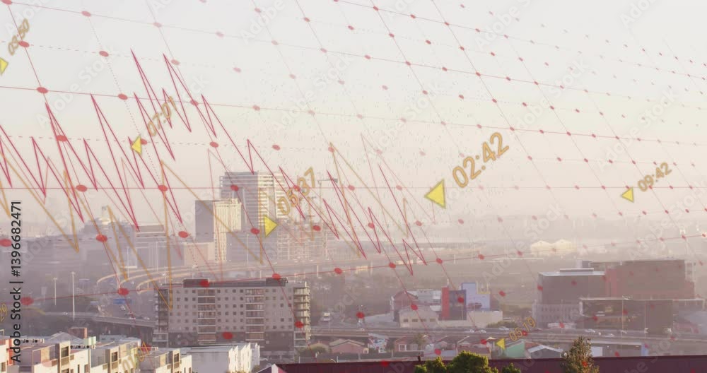Poster animation of red graph lines overlaying cityscape with time markers on buildings