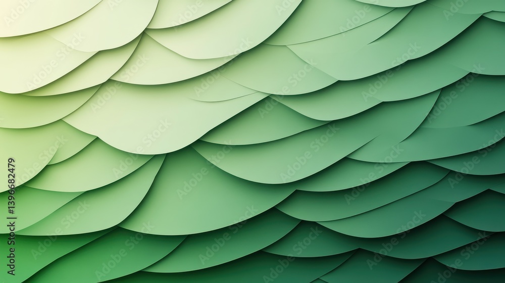 Poster abstract background of green toned arcs and overlapping shapes creates a scaled, feathered pattern w