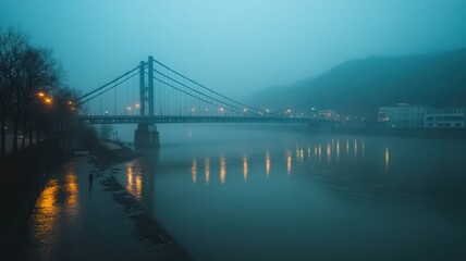 Obraz premium Foggy Suspension Bridge Over River at Twilight