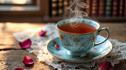 Steaming hot tea experience cozy home beverage photography rustic setting close-up comfort and relaxation