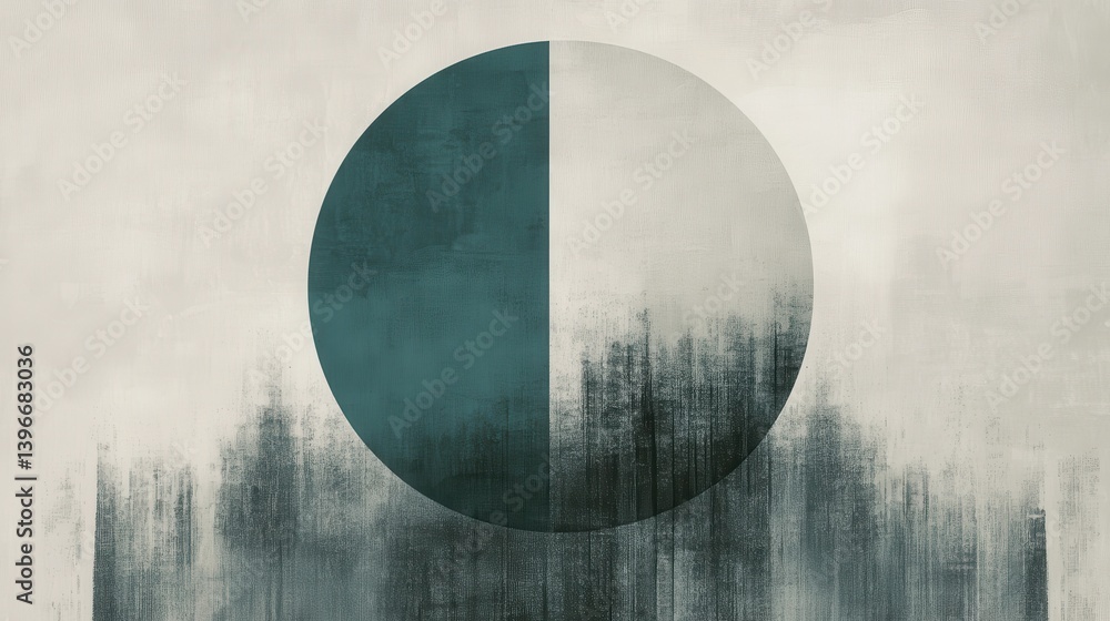 Poster Minimalist negative space design featuring a bold two-tone circle with textured backdrop and abstract dark forest elements.