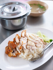 Hainanese Chicken Rice, Steamed chicken rice, Kao-Mun-Kai Thai street food.