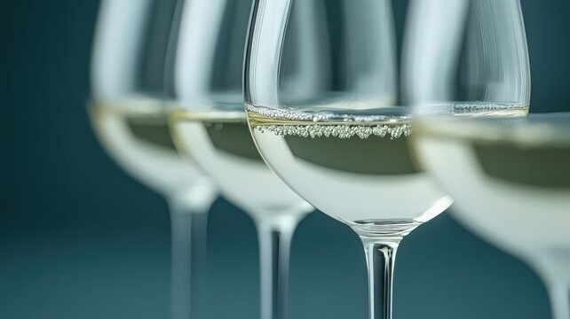 Four Glasses of White Wine on Teal Background