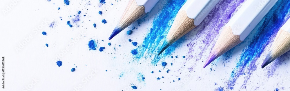 Poster macro shot of colored pencils with white cases lying across a white surface with powder and streaks 