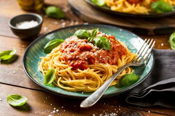 Delicious Spaghetti With Tomato Sauce Parmesan And Basil Served On A Plate