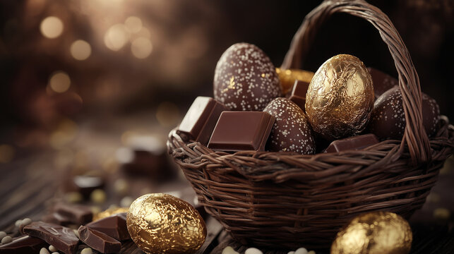 Cesta de p&aacute;scoa com ovos e peda&ccedil;os de chocolate em um fundo marrom desfocado