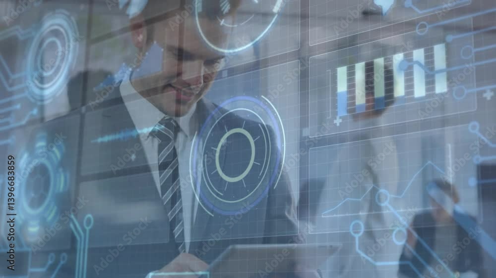 Poster interacting with futuristic animation, businessman analyzing data and graphs in office