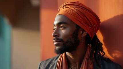 Obraz premium Contemplative young man wearing orange turban in warm light