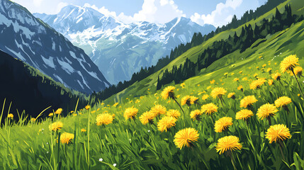 Fototapeta premium mountain, landscape, mountains, nature, sky, summer, meadow, alps, grass, flower, flowers, spring, clouds, alpine, field, snow, green, travel, view, forest, peak, yellow, panorama, rock, outdoors
