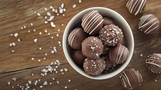 Tigela de cer&acirc;mica branca vista de cima com trufas cobertas com chocolate 