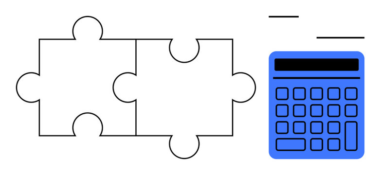 Two interlocking puzzle pieces adjacent to a blue calculator suggest teamwork, strategy, analysis, and solutions. Ideal for problem solving, collaboration, planning, education, innovation strategy