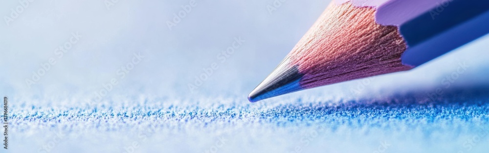 Poster macro view of a sharpened lavender colored pencil point almost touching textured blue paper, negativ