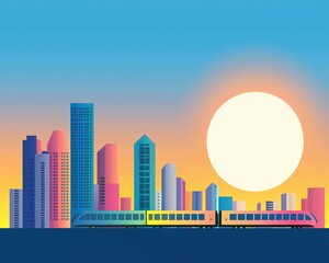 Obraz premium A peaceful suburban train moving toward the distant glowing city skyline, Suburban Sunset of City Skylines