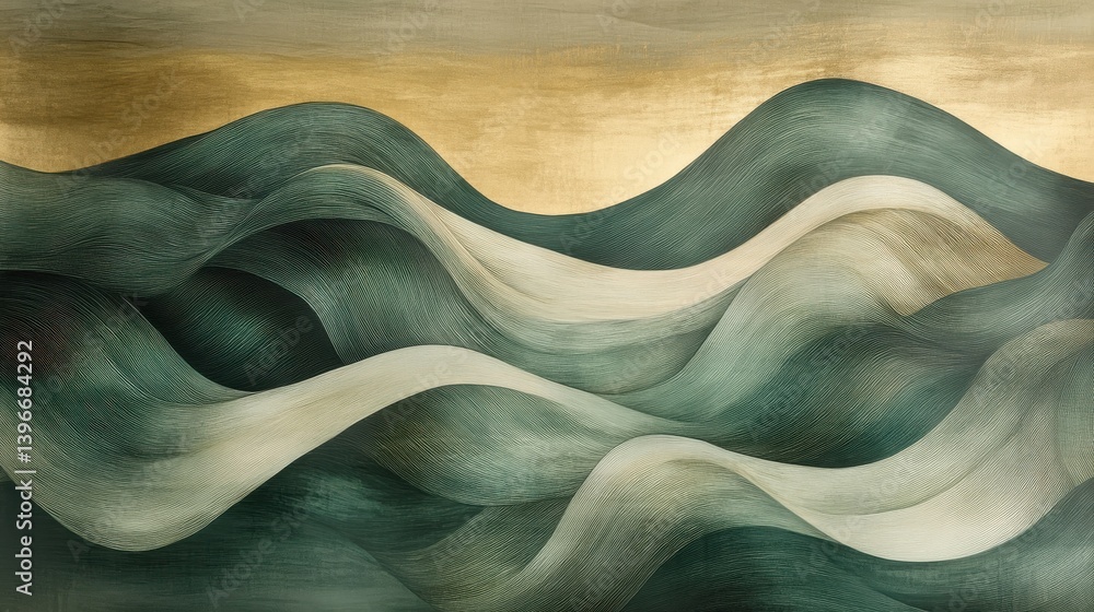 Poster wavy lines in muted green and gold tones in modern abstract style
