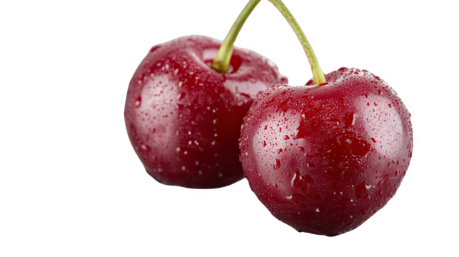 Two Ripe Red Cherries with Water Droplets on Black Background
