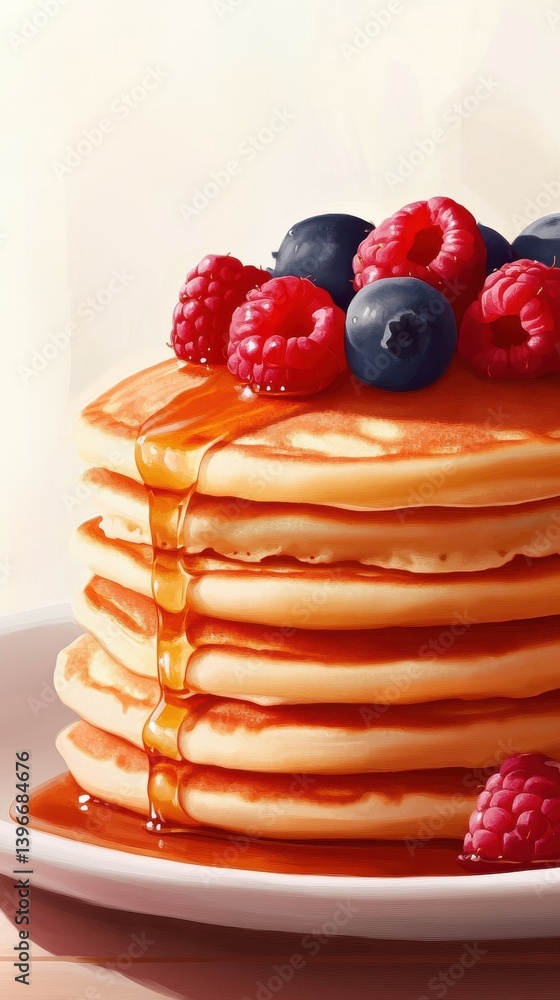 Poster stack of fluffy pancakes with fresh raspberries and blueberries drizzled in syrup