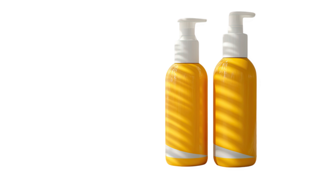 Two Yellow Pump Bottles in Sunlight with Shadows on Transparent Background