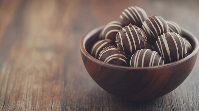 Tigela de madeira com trufas cobertas com chocolate amargo 