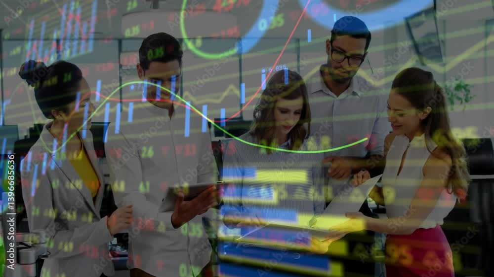 Poster business team collaborating in office with financial data charts and animation overlay