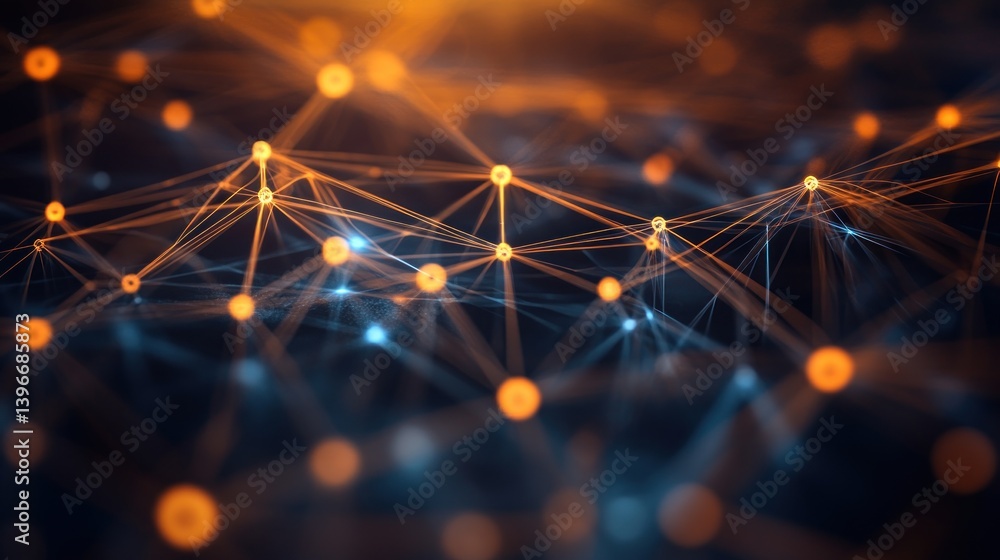 Poster abstract network connection, digital nodes and lines intertwined, illuminated by warm and cool hues