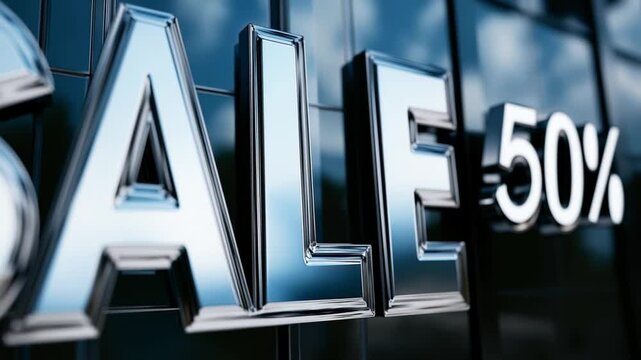 Bold lettering highlights a significant sale offering half off on a variety of items. The striking design captures attention, showcasing a promotional event in a retail space