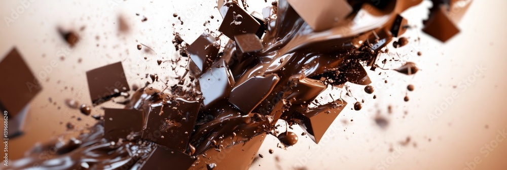 Poster exploding chocolate chunks and fragments against a light brown gradient background.
