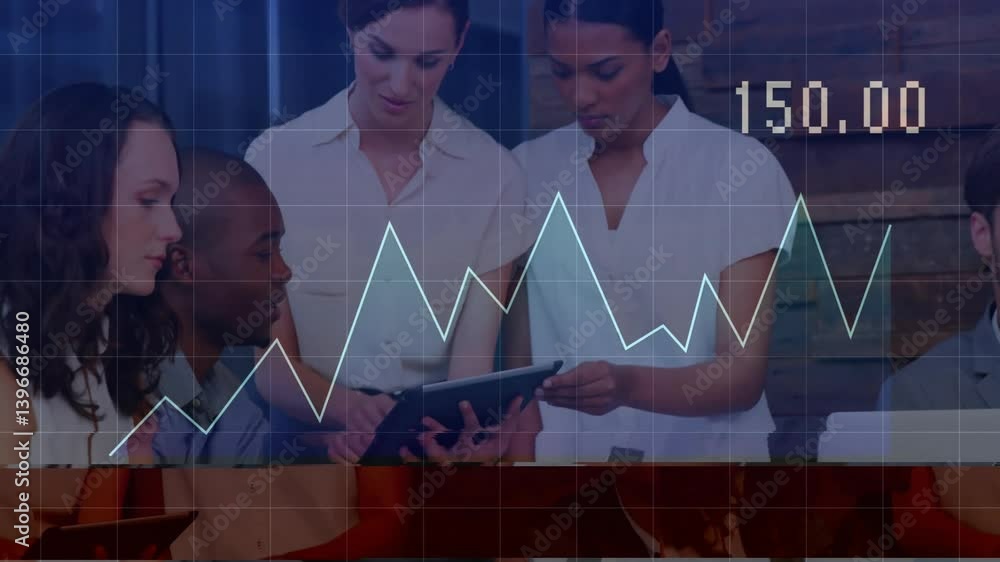 Poster analyzing financial graph overlay, business team using tablet for data in office