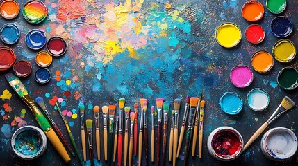 A pride-themed art desk with rainbow paint palettes, glitter, acrylics, brushes in mugs, and pride pins scattered across a textured background. Created Using: chaotic artistic styling,