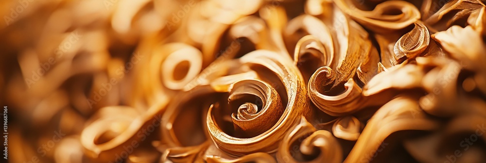 Aufkleber close-up of curled wood shavings creating a textured abstract pattern.