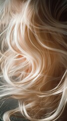 Naklejka premium Close up view of flowing blonde hair styled in soft waves under bright lighting