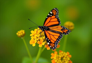 Fototapeta premium Monarch Butterfly Perched On Yellow Flowers In A Vibrant Green Garden Setting