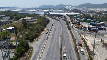 Top View of container with trucks at logistic center stock