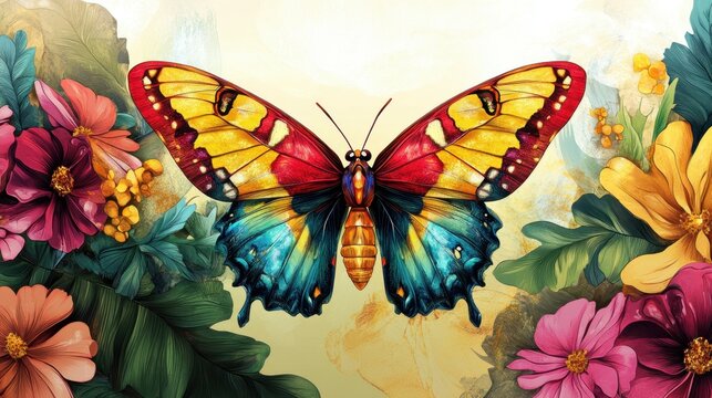 Illustration of open colorful exotic batterfly over flowers