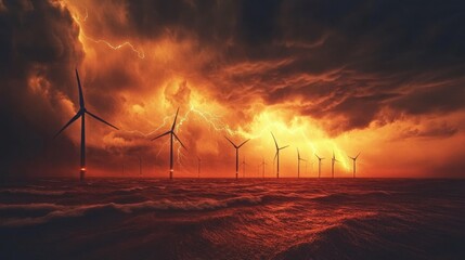 *Lightning and wind turbines on dutch coast under stormy clouds