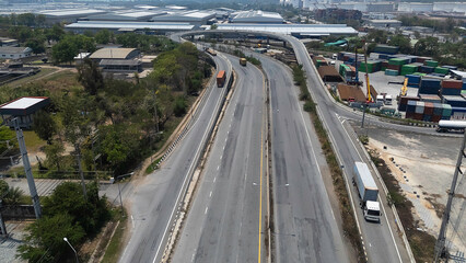 Top View of container with trucks at logistic center stock