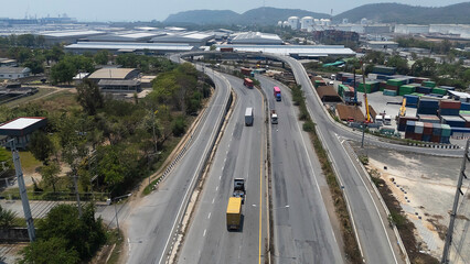Top View of container with trucks at logistic center stock