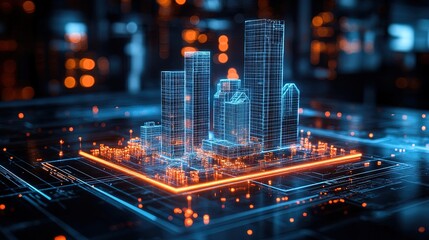 Obraz premium A 3D holographic model of a building being constructed by advanced robots, with glowing data points and architectural blueprints