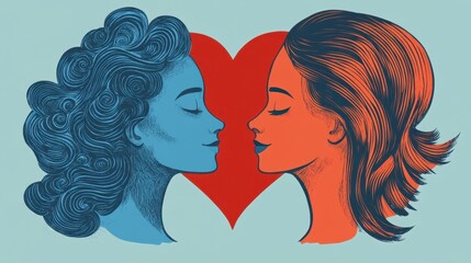 man and woman in love, blue anf red illustration with heart